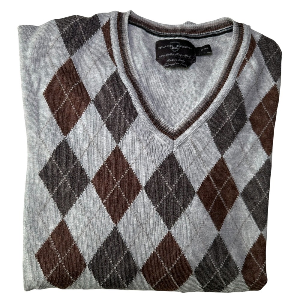 Black Brown 1826 V-Neck Sweater Mens XL Grey Italian Merino Wool Argyle